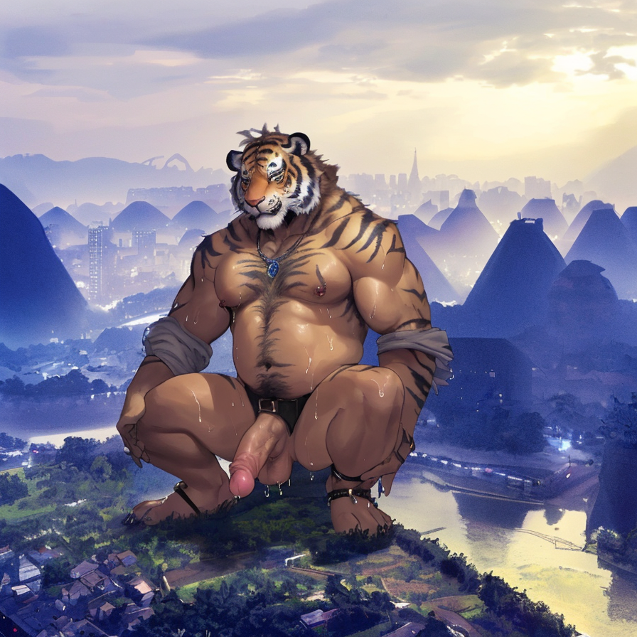 00837-1724174463-nsfw, tiger, (full body tiger stripe),  small city, field, nipples, male, high quality, highres, golden belt, necklace,, pink ni.png