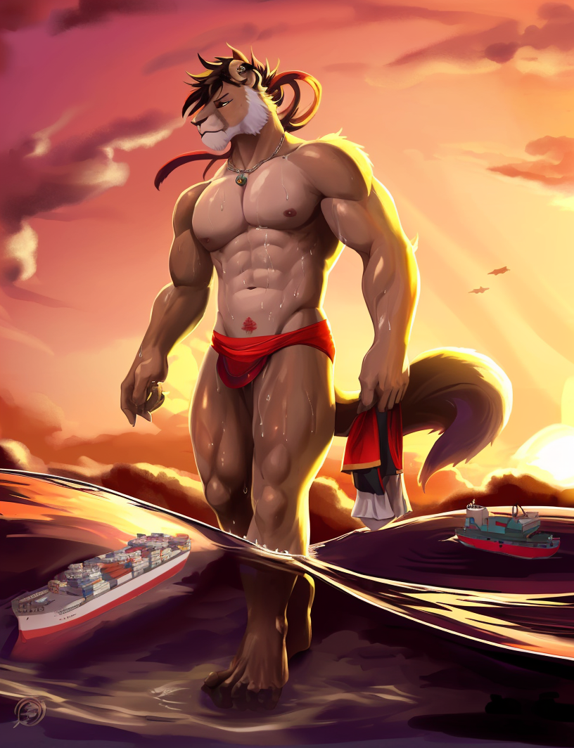 02025-1143271530-lion, male, loincloth, strong, high quality, absurdres, dark nipples, navel, navel hair, necklace, wet body, feet in water, mini.png